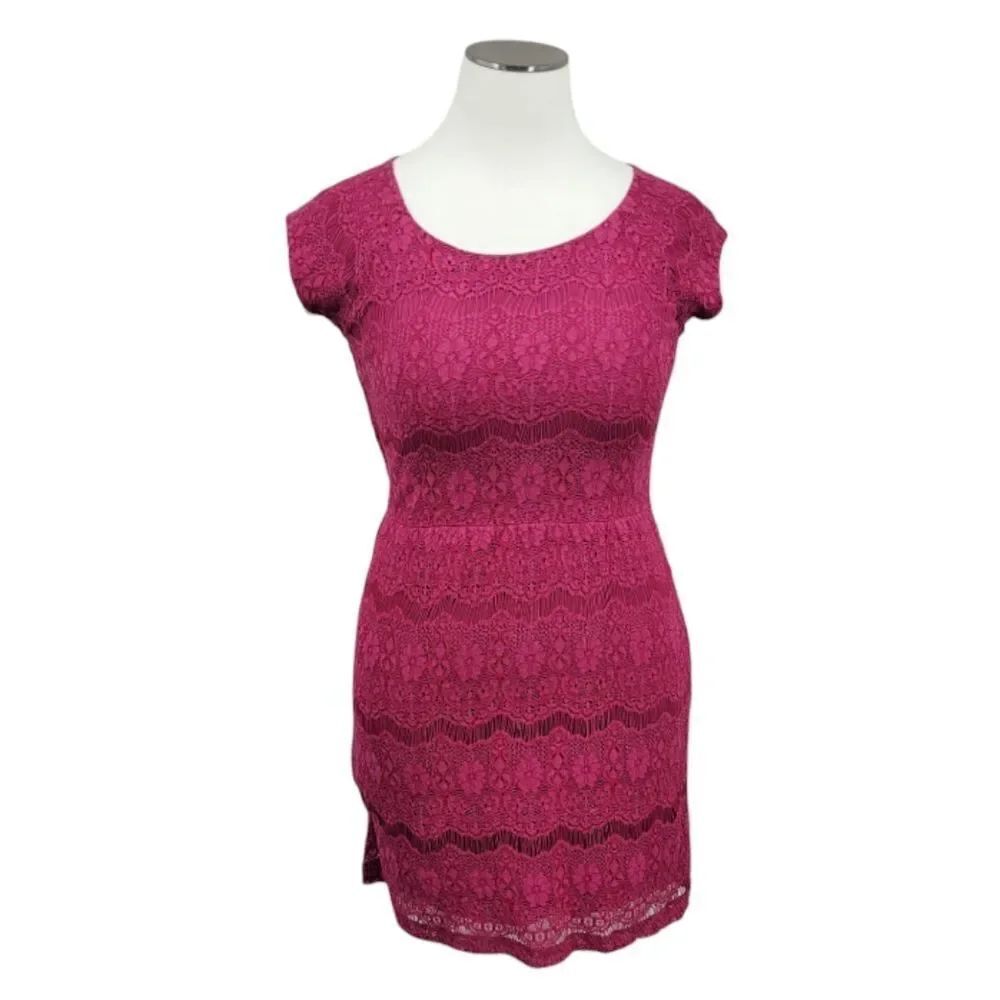 Garnet Hill Raspberry Pink Lace Dress Cap Sleeves Sheath Midi
